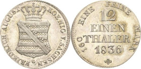 Sachsen-Kurlinie ab 1547 (Albertiner)
Friedrich August II. 1836-1854 1/12 Taler (Doppelgroschen) 1836, o. Mzz.-Dresden AKS 105 Jaeger 71 Attraktives ...