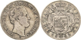 Sachsen-Kurlinie ab 1547 (Albertiner)
Friedrich August II. 1836-1854 Taler 1842, G-Dresden Ohne Perle unter Mzz AKS 99 Anm. Jaeger 76 Kahnt 448 b Dav...
