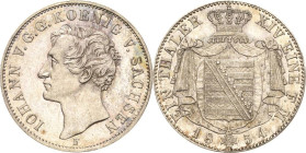 Sachsen-Kurlinie ab 1547 (Albertiner)
Johann 1854-1873 Taler 1854, F-Dresden AKS 128 Jaeger 97 Kahnt 458 Davenport 883 Prachtexemplar. Prägefrisch