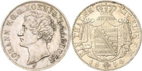 Sachsen-Kurlinie ab 1547 (Albertiner)
Johann 1854-1873 Taler 1854, F-Dresden AKS 128 Jaeger 97 Kahnt 458 Davenport 883 Avers kl. Graffiti, fast vorzü...