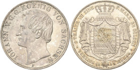Sachsen-Kurlinie ab 1547 (Albertiner)
Johann 1854-1873 Doppeltaler 1855, F-Dresden AKS 125 Jaeger 104 Kahnt 474 Davenport 886 Winz. Kratzer, vorzügli...