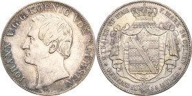 Sachsen-Kurlinie ab 1547 (Albertiner)
Johann 1854-1873 Doppeltaler 1855, F-Dresden AKS 125 Jaeger 104 Kahnt 474 Davenport 886 Mi. Randfehler, vorzügl...