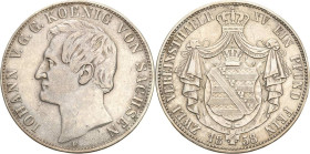 Sachsen-Kurlinie ab 1547 (Albertiner)
Johann 1854-1873 Doppeltaler 1858, F-Dresden Mit Stempelfehler VEREINSTHAELR AKS 126 Anm. Jaeger 109 Kahnt 475 ...