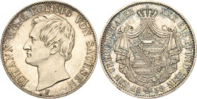 Sachsen-Kurlinie ab 1547 (Albertiner)
Johann 1854-1873 Taler 1858, F-Dresden AKS 132 Jaeger 111 Kahnt 463 Davenport 890 Prachtexemplar vom Erstabschl...