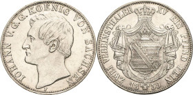 Sachsen-Kurlinie ab 1547 (Albertiner)
Johann 1854-1873 Doppeltaler 1859, F-Dresden Mit gewölbtem Wappenschild AKS 126 Jaeger 112 Kahnt 475 a Davenpor...