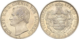 Sachsen-Kurlinie ab 1547 (Albertiner)
Johann 1854-1873 Taler 1859, F-Dresden Mit gewölbtem Wappenschild AKS 132 Jaeger 111 Kahnt 463 Davenport 890 Vo...