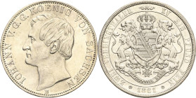 Sachsen-Kurlinie ab 1547 (Albertiner)
Johann 1854-1873 Doppeltaler 1861, B-Dresden AKS 127 Jaeger 120 Kahnt 477 Davenport 894 Avers winz. Kratzer, vo...