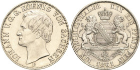 Sachsen-Kurlinie ab 1547 (Albertiner)
Johann 1854-1873 Taler 1861, B-Dresden AKS 136 Jaeger 118 Kahnt 468 Davenport 893 Prägefrisch