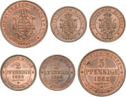Sachsen-Kurlinie ab 1547 (Albertiner)
Johann 1854-1873 5 Pfennig 1862 und 2 Pfennig 1869, B-Dresden (2x) AKS 151, 153 Jaeger 123, 122 3 Stück. Vorzüg...