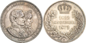 Sachsen-Kurlinie ab 1547 (Albertiner)
Johann 1854-1873 Doppeltaler 1872, B-Dresden Goldene Hochzeit AKS 160 Jaeger 133 Kahnt 479 Davenport 899 Avers ...