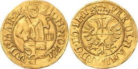 Wismar, Stadt
Goldgulden 1626. Barbarisierter Typ schlechteren Stils. Zeitgenössische Fälschung/Beischlag? Hl. Laurentius über Stadtwappen hält links...