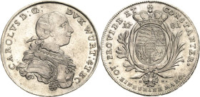 Württemberg
Karl Eugen 1744-1793 Taler 1781, DH-Stuttgart Klein/Raff 376 Ebner 242 Davenport 2870 Fast vorzüglich/vorzüglich+