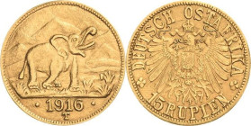 Deutsch Ostafrika
 15 Rupien 1916, T Geprägt aus dem Gold der Sekenke Goldmine Jaeger 728 b GOLD. Leichte Fassungsspuren, sehr schön-vorzüglich