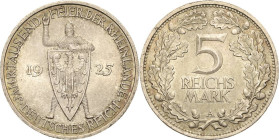 5 Reichsmark 1925 A Rheinlande Jaeger 322 Winz. Kratzer, vorzüglich-Stempelglanz