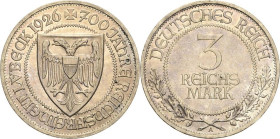 3 Reichsmark 1926 A Lübeck Jaeger 323 Fast vorzüglich