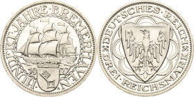 3 Reichsmark 1927 A Bremerhaven Jaeger 325 Kl. Randfehler, Polierte Platte