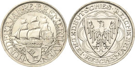 3 Reichsmark 1927 A Bremerhaven Jaeger 325 Winz. Kratzer, fast Stempelglanz