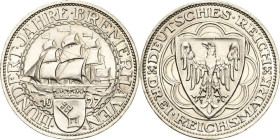 3 Reichsmark 1927 A Bremerhaven Jaeger 325 Winz. Randfehler, vorzüglich-Stempelglanz