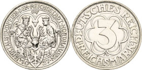 3 Reichsmark 1927 A Nordhausen Jaeger 327 Kl. Kratzer, vorzüglich-prägefrisch/fast vorzüglich