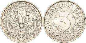 3 Reichsmark 1927 A Nordhausen Jaeger 327 Kl. Kratzer, vorzüglich-Stempelglanz