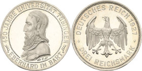 3 Reichsmark 1927 F Tübingen Jaeger 328 Leicht berieben, Polierte Platte