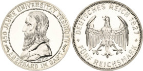 5 Reichsmark 1927 F Tübingen Jaeger 329 Kl. Kratzer, Polierte Platte