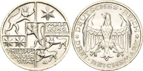 3 Reichsmark 1927 A Marburg Jaeger 330 Kl. Randfehler, fast Stempelglanz