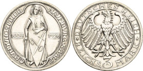 3 Reichsmark 1928 A Naumburg Jaeger 333 Kl. Kratzer, fast vorzüglich/vorzüglich