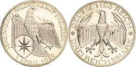 3 Reichsmark 1929 A Waldeck Jaeger 337 Randfehler, zaponiert, kl. Kratzer, Polierte Platte-