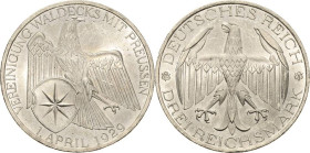3 Reichsmark 1929 A Waldeck Jaeger 337 Kl. Kratzer, vorzüglich-Stempelglanz