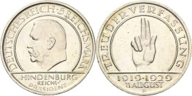 5 Reichsmark 1929 D Verfassung Jaeger 341 Avers kl. Schrötlingsfehler, kl. Kratzer, vorzüglich