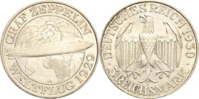 3 Reichsmark 1930 A Zeppelin Jaeger 342 Vorzüglich-Stempelglanz