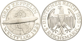 5 Reichsmark 1930 J Zeppelin Jaeger 343 Selten. Min. berührt, Polierte Platte