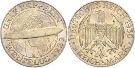 5 Reichsmark 1930 E Zeppelin Jaeger 343 Min. Kratzer, fast Stempelglanz