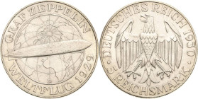 5 Reichsmark 1930 D Zeppelin Jaeger 343 Kl. Schrötlingsfehler, fast vorzüglich/vorzüglich