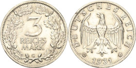 3 Reichsmark 1931 G Kursmünze Jaeger 349 Randfehler, sehr schön-vorzüglich