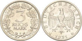 3 Reichsmark 1931 E Kursmünze Jaeger 349 Sehr schön+