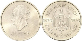 3 Reichsmark 1932 F Goethe Jaeger 350 Kl. Kratzer, vorzüglich-Stempelglanz