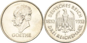 3 Reichsmark 1932 F Goethe Jaeger 350 Leicht berieben, vorzüglich-Stempelglanz