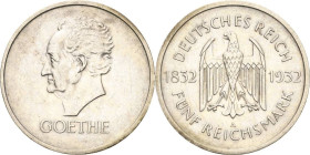 5 Reichsmark 1932 A Goethe. Mit Paproth-Gutachten Jaeger 351 Berieben, sehr schön-vorzüglich