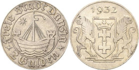 Ausgaben des Freistaates
 2 Gulden 1932. Kogge Jaeger D 16 Fast vorzüglich