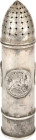 Salzstreuer um 1914. Zylinderförmiger Silberstreuer mit 3 Münzen an den Seiten (Preußen-Krönungstaler 1861. Bremen-Siegestaler 1871. Preußen-3 Mark 19...