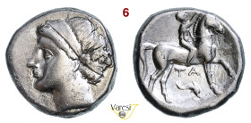 CALABRIA - Tarentum - (281-228 a.C.) Nomos (o Statere) serie campano-tarantina (alleanza monetaria con Napoli) D/ Testa diademata della ninfa Satyra R...