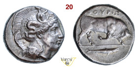 LUCANIA - Thurium - (400-350 a.C.) Distatere (o Dinomos) D/ Testa di Atena con elmo ornato del mostro Scilla R/ Toro cozzante e, all'esergo, un tonno ...