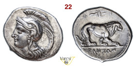 LUCANIA - Velia - (300-280 a.C.) Didramma (o Statere) D/ Testa elmata di Atena R/ Leone gradiente; in alto tridente SNG ANS 1387 Ag g 7,27 mm 23 • Ex ...