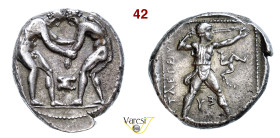 PISIDIA - Selge (400-325 a.C.) Statere D/ Due lottatori; al centro un astragalo R/ Fromboliere; a d. triscele Calciati 22 Ag g 10,90 mm 23 • Ex Crippa...
