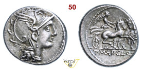 MALLIA - T. Mallius Mancinus, Ap. Claudius Pulcher e Q. Urbinius (111-110 a.C.) Denario D/ Testa elmata di Roma R/ La Vittoria su triga Varesi 373 B. ...