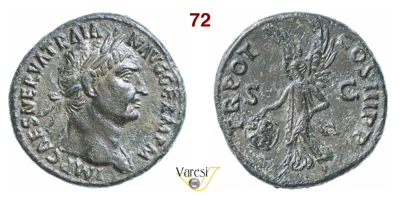 TRAIANO (098-117) Asse D/ Testa laureata R/ La Vittoria con scudo sul quale SPQR...