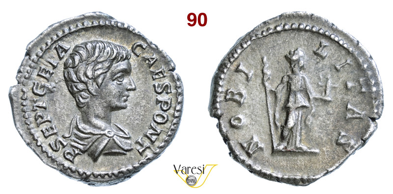 GETA (198-212) Denario D/ Busto paludato e corazzato R/ La Nobiltà con scettro e...