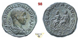FILIPPO II (247-249) Sesterzio D/ Busto laureato, drappeggiato e corazzato R/ Filippo I e Filippo II seduti su sedie curuli Coh. 18 RIC 267a Ae g 18,6...